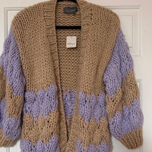 Anthropologie Tan and Lavender Chunky Stripe Open-Front Cardigan